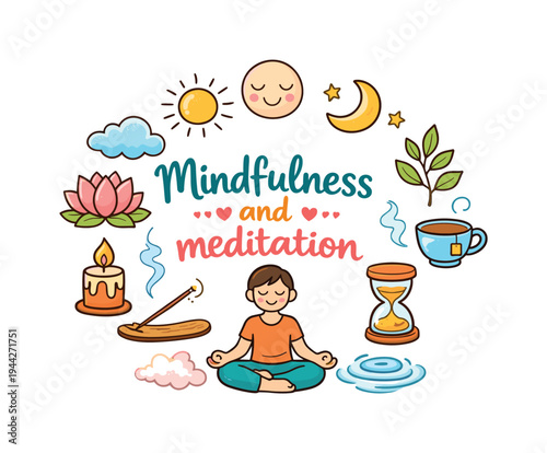 Mindfulness and meditation. Hand drawn illustration of Mindfulness and meditation. person in lotus pose, lotus