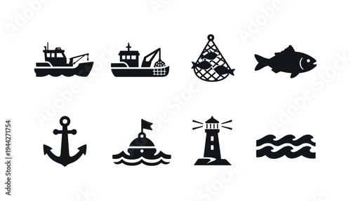 Fishing Boats Pattern. Filled icon set of Fishing Boats Pattern: fishing boat, trawler, net, fish, anchor,