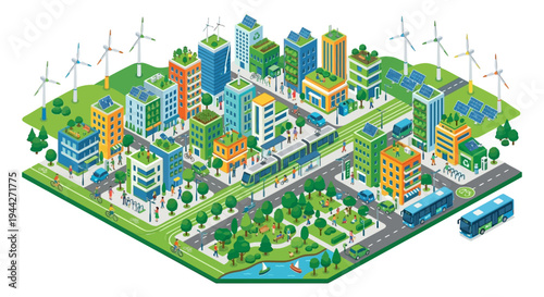 Isometric illustration of a sustainable futuristic city with green spaces