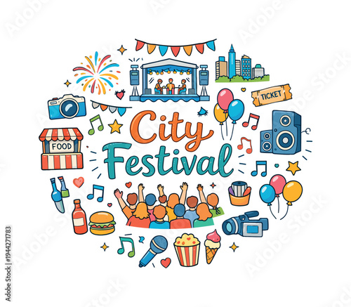 Vibrant City Festival. City Festival. Hand drawn illustration of City Festival. main stage, crowd group, food