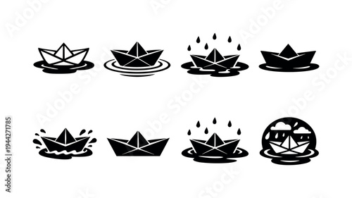 Paper Boats Collection. Paper boats in puddle outline. Filled icon set of Paper boats in puddle outline: