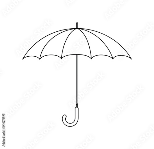 "Umbrella". Minimalistic one-line drawing open umbrella with curved handle and evenly arched canopy segments,