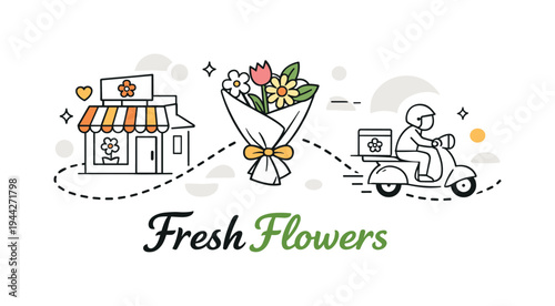 Flower delivery idea. A compact storefront icon paired with a simple bouquet and small delivery scooter