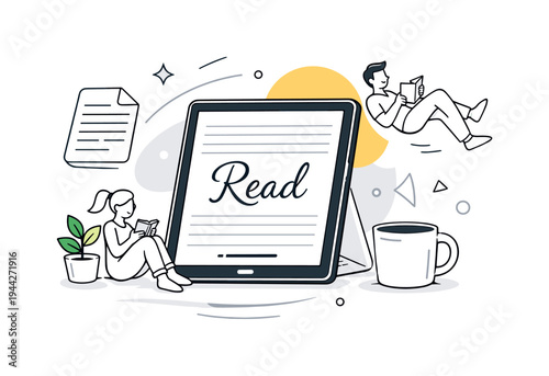 Tablet reading scene. A clean tablet displaying a simple e-book interface, soft page icon floating beside it,