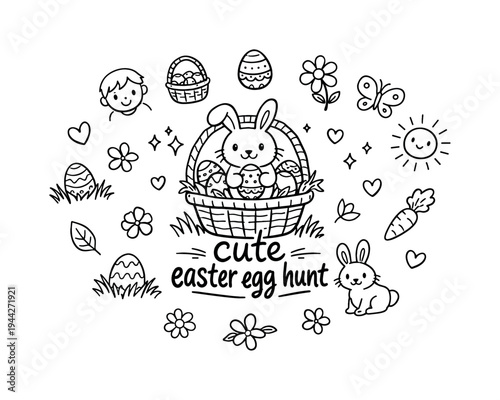 cute easter egg hunt. Hand-drawn doodle illustration of cute easter egg hunt. In the middle, one slightly