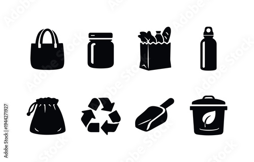 Eco Shopping Icons. Eco Shopping. Filled icon set of Eco Shopping: reusable bag, glass jar, paper grocery bag,