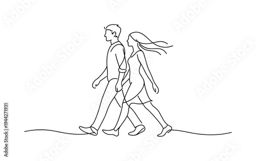 "Evening Walk Scene". Minimalistic one-line drawing couple in profile walking forward with flowing hair and
