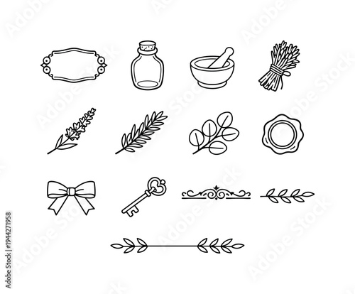 garden apothecary labels. Line outline icon set of garden apothecary labels: blank label frame, cork bottle,