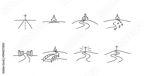 "Journey of Faith Icons". Minimalistic set one-line drawing straight road to cross, small church at horizon,