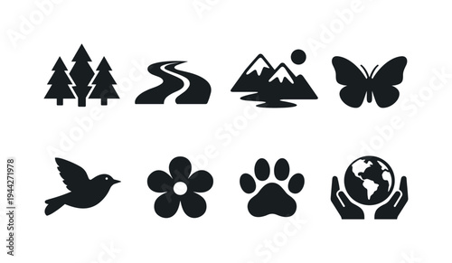Nature Conservation Symbols. Filled icon set of Nature Conservation Symbols: forest trees cluster, river flow,