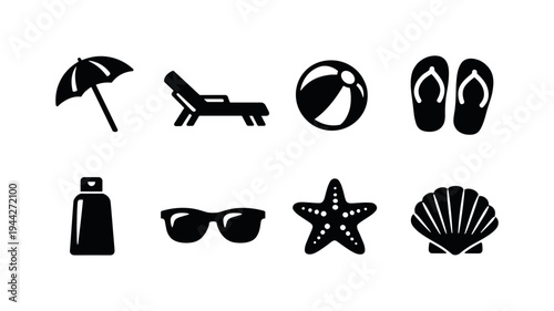 Beach Items Pattern. Filled icon set of Beach Items Pattern: beach umbrella, sun lounger, beach ball, flip