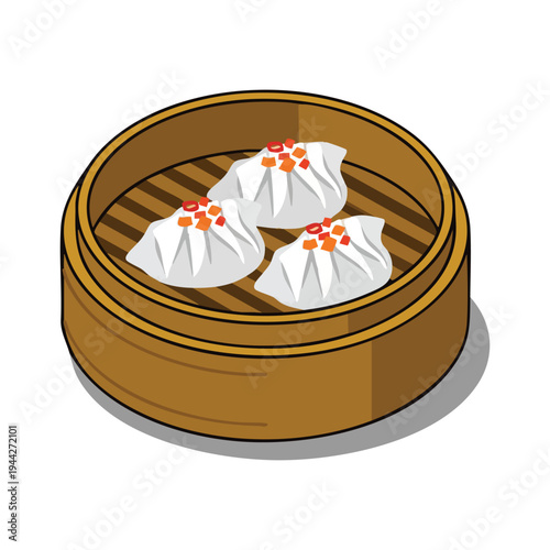 Steamed Dim Sum Dumplings in Bamboo Steamer Illustration