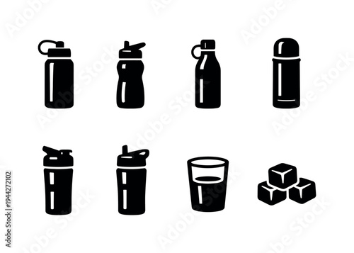 Hydration Essentials. Filled icon set of Hydration Essentials: reusable water bottle, sports bottle, glass