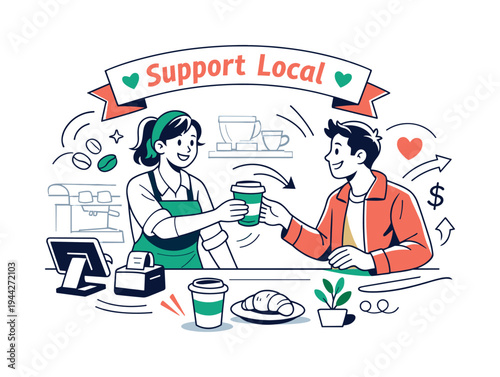 Local Entrepreneur Day. A small café owner behind the counter handing a coffee cup to a smiling customer, a