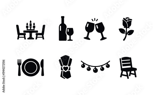 Romantic Patio Dinner. Filled icon set of Romantic Patio Dinner: candlelight table, wine bottle, clinking