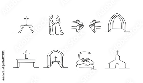 "Wedding Ceremony Icons". Minimalistic set one-line drawing aisle runner toward cross, couple holding hands