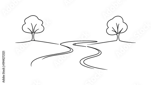 "River and Trees". Minimalistic one-line drawing flowing river curving between two simple tree silhouettes