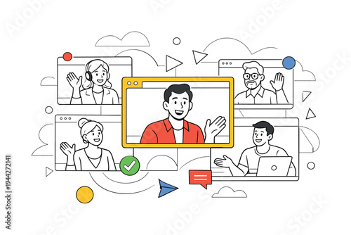 Group video conference concept. Multiple overlapping screen windows arranged in a playful grid, one
