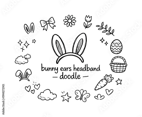 bunny ears headband doodle. Hand-drawn doodle illustration of bunny ears headband doodle. In the middle, one