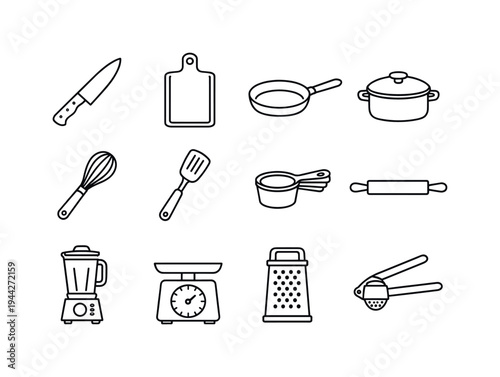 Cooking Icon Set. Cooking Tools and Gadgets. Line outline icon set of Cooking Tools and Gadgets: chef knife,
