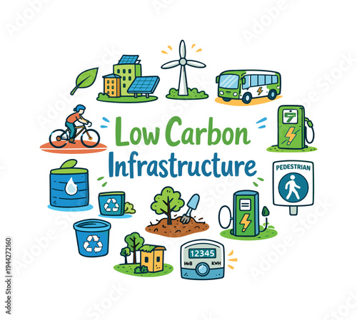 Eco-Friendly Urban Design. Low Carbon Infrastructure. Hand drawn illustration of Low Carbon Infrastructure.