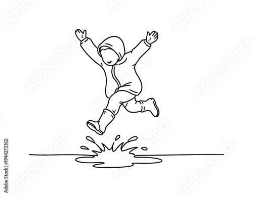 "Rainy Day Jump". Minimalistic one-line drawing small child leaping over puddle with arms raised and simple