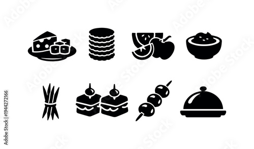 Party Appetizers Icons. Party Appetizers. Filled icon set of Party Appetizers: cheese platter, cracker stack,