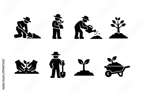 Farmer Planting Tree. Filled icon set of Farmer Planting Tree: farmer digging hole, farmer holding sapling,