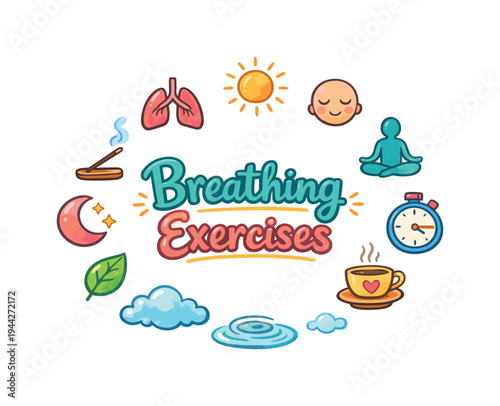 Breathing Exercises. Hand drawn illustration of Breathing Exercises. lungs icon, calm face, lotus pose