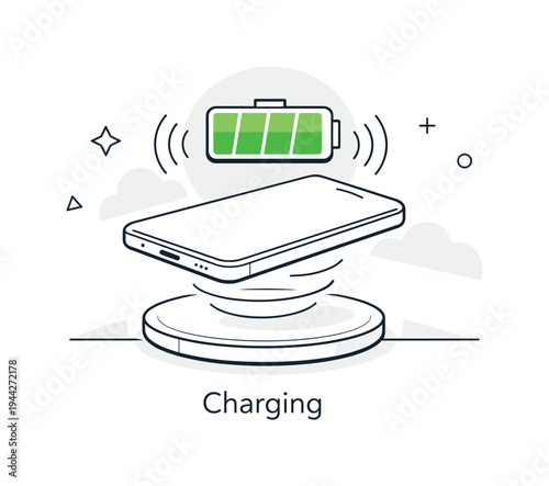 Wireless charging idea. A smartphone placed above a circular charging pad, battery icon hovering above with