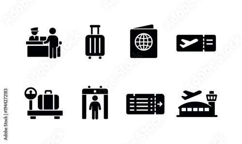 Airport Check In. Filled icon set of Airport Check In: check in counter, suitcase, passport, boarding pass,
