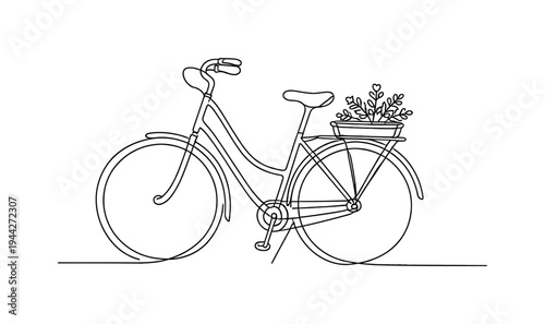 "Vintage Bike Bouquet". Minimalistic one-line drawing retro bicycle leaning slightly with rear rack carrying