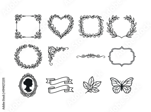 botanical decorative frames. Line outline icon set of botanical decorative frames: square floral border, heart