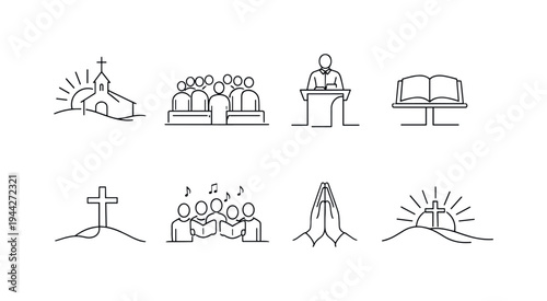 "Sunday Worship". Minimalistic set one-line drawing church with cross on top, congregation standing in pews,