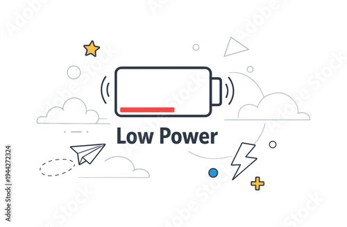 Low battery alert. A minimal battery outline nearly empty, one thin red bar at the bottom, subtle vibration