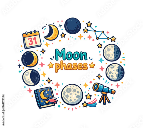 Moon phases. Hand drawn illustration of Moon phases. new moon, waxing crescent, first quarter moon, waxing