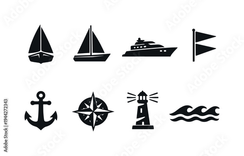 Sailing Boats Pattern. Filled icon set of Sailing Boats Pattern: sailboat front view, sailboat side view,
