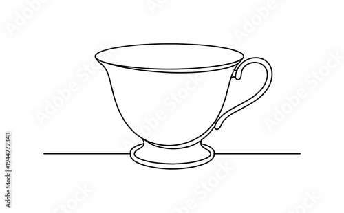 "Classic Teacup Outline". Minimalistic one-line drawing refined tea cup with slightly flared rim and smooth