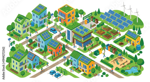 Illustrative depiction of a sustainable and eco friendly cityscape with green elements