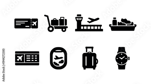 Airport Icon Set. Airport Journey. Filled icon set of Airport Journey: boarding pass, luggage cart, airport