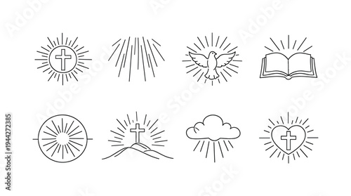 "Divine Radiance Icons". Minimalistic set one-line drawing sunburst with cross center, radiant beams