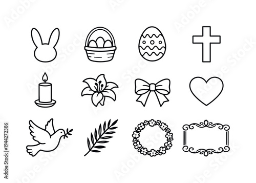 easter holiday icons. Line outline icon set of easter holiday icons: bunny head, egg basket, decorated egg,