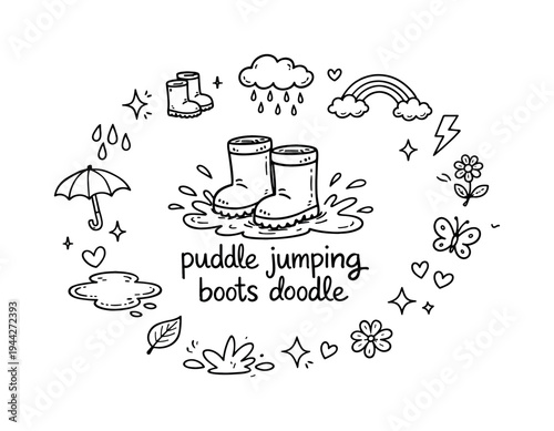 Puddle Jumping Doodle. puddle jumping boots doodle. Hand-drawn doodle illustration of puddle jumping boots