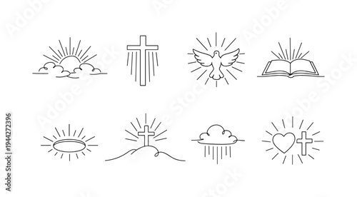 "Heavenly Radiance Icons". Minimalistic set one-line drawing sunburst from clouds, cross with descending light