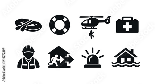 Urban flood rescue. Filled icon set of Urban flood rescue: rescue boat, lifebuoy, emergency helicopter, first