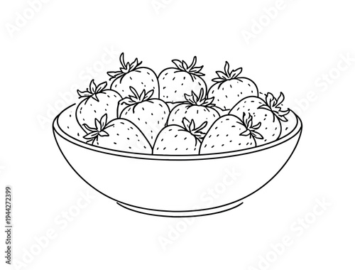 "Garden Harvest Berries". Minimalistic one-line drawing round bowl brimming with strawberries arranged