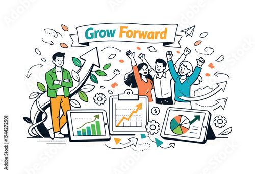 Spring Startup Surge. Startup Growth in Spring. A founder standing beside a large upward arrow intertwined