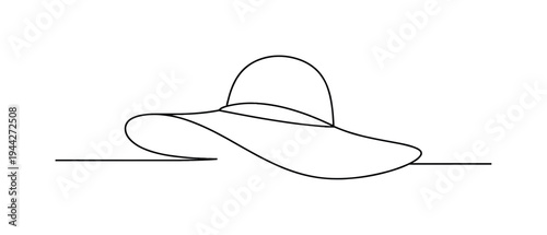 "Minimal Sun Hat Silhouette". Minimalistic one-line drawing classic summer hat resting on flat surface with