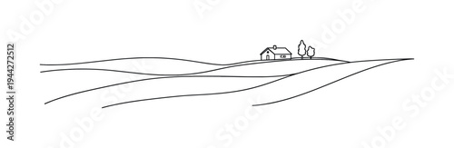 "Pastoral View Outline". Minimalistic one-line drawing wide countryside with curved land lines and small house