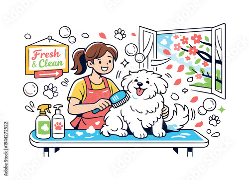 Pet Grooming Spring. A cheerful groomer gently brushing a fluffy dog on a grooming table, petals drifting past